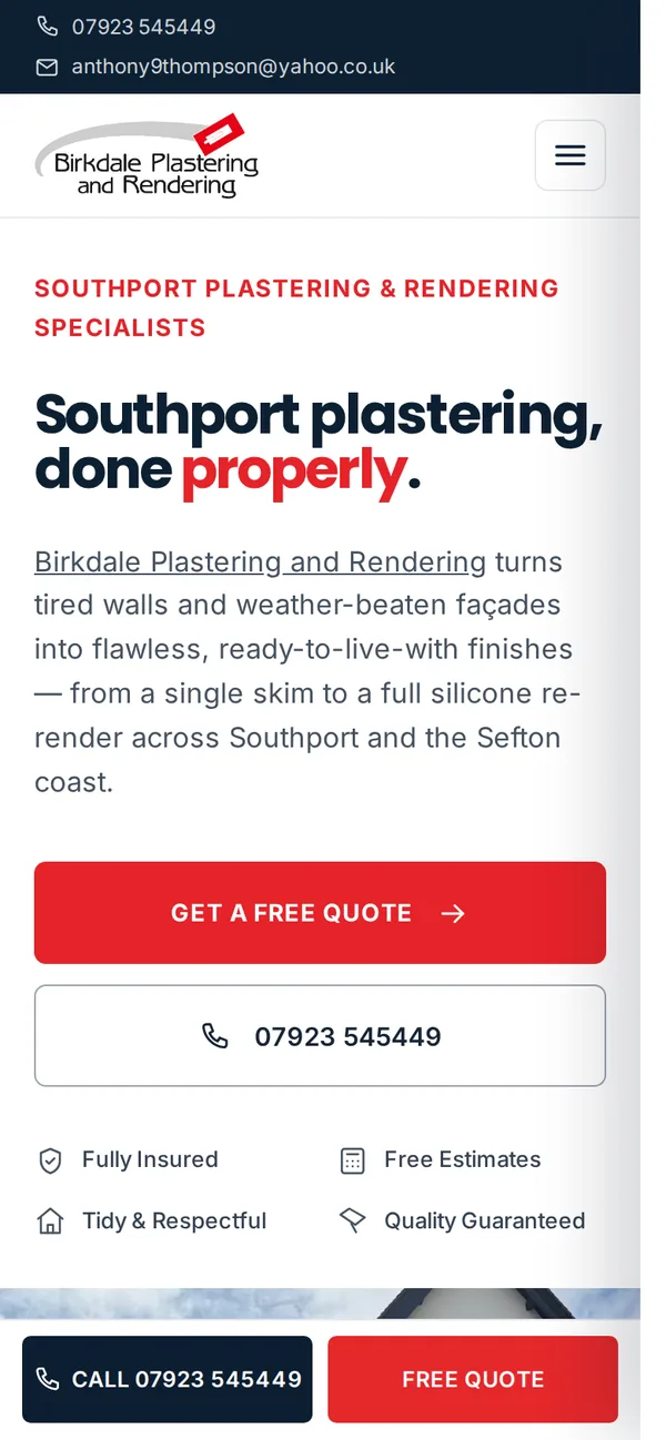 Birkdale Plastering and Rendering’s website on a phone.
