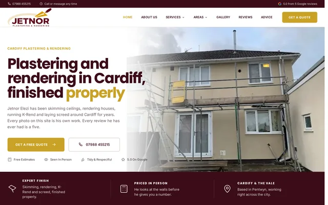 The home page of Jetnor Plastering’s website.