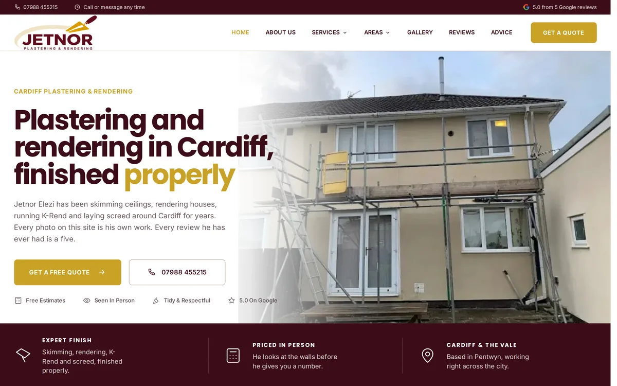 The home page of Jetnor Plastering’s website.