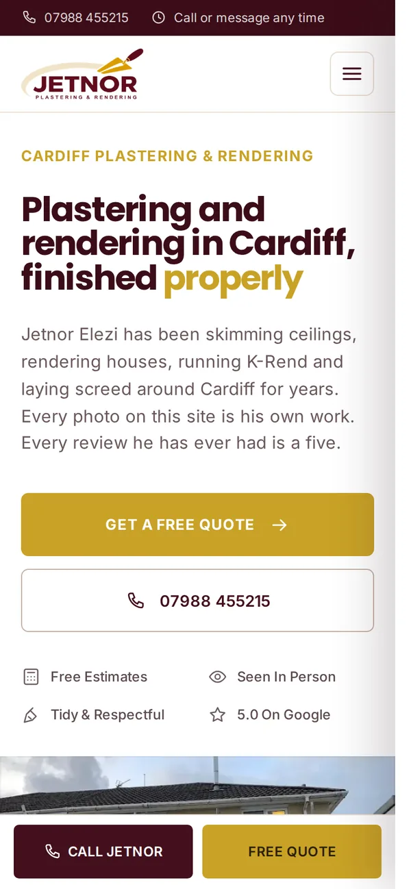 Jetnor Plastering’s website on a phone.