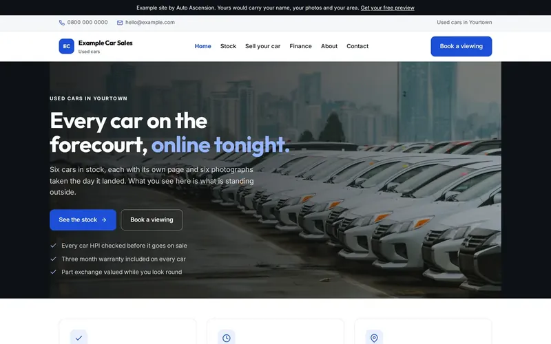 The home page of an example used cars website built by Auto Ascension.
