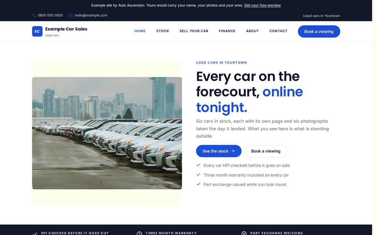 The home page of an example used cars website built by Auto Ascension.