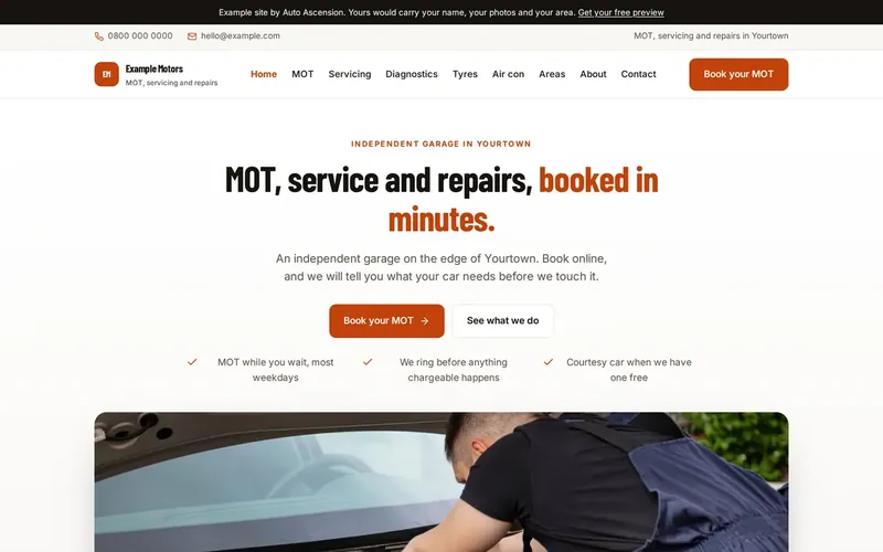The home page of an example mot, servicing and repairs website built by Auto Ascension.