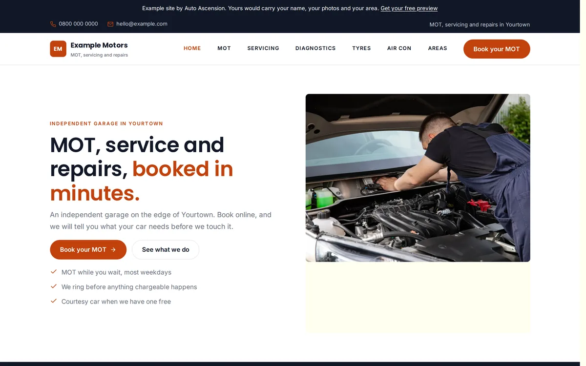 The home page of an example mot, servicing and repairs website built by Auto Ascension.