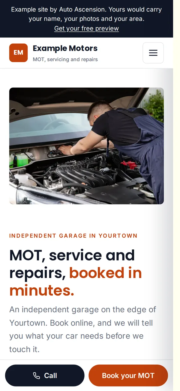 The example mot, servicing and repairs website on a phone.