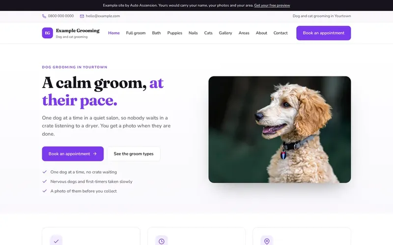 The home page of an example dog and cat grooming website built by Auto Ascension.