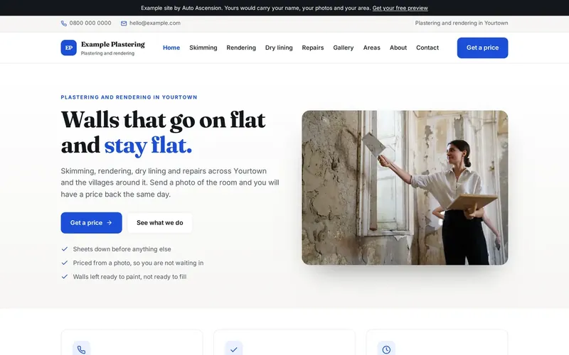 The home page of an example plastering and rendering website built by Auto Ascension.