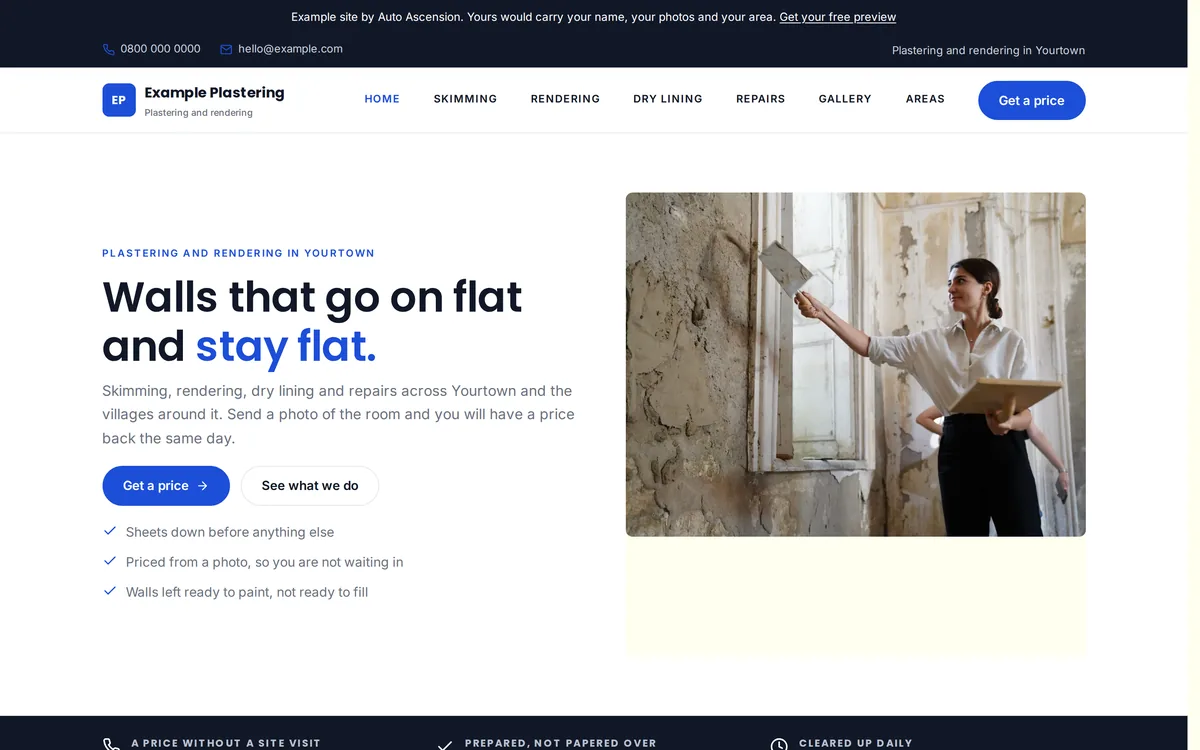 The home page of an example plastering and rendering website built by Auto Ascension.