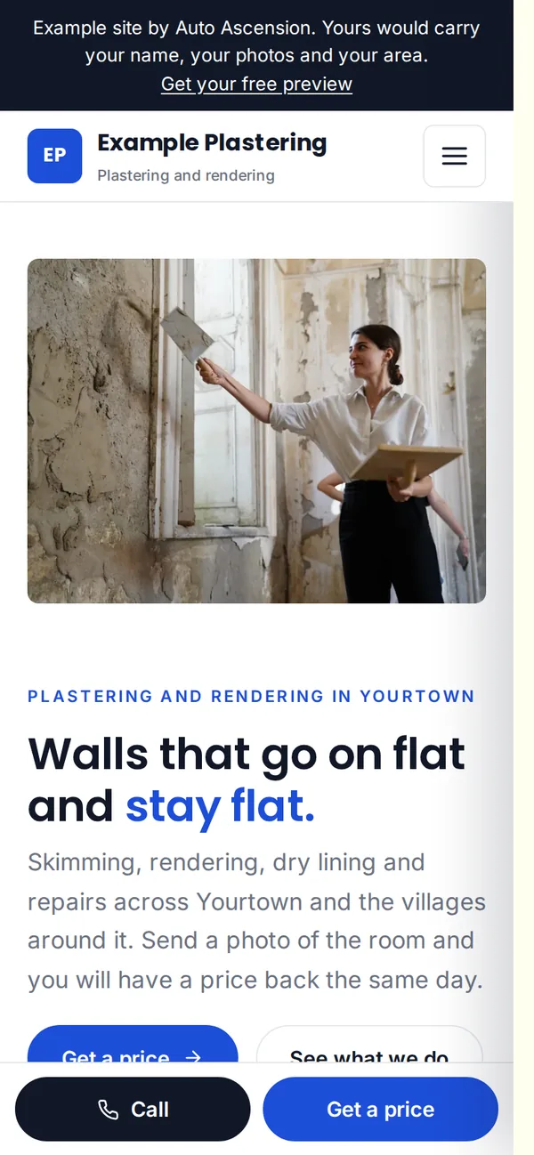 The example plastering and rendering website on a phone.