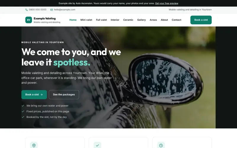 The home page of an example mobile valeting and detailing website built by Auto Ascension.