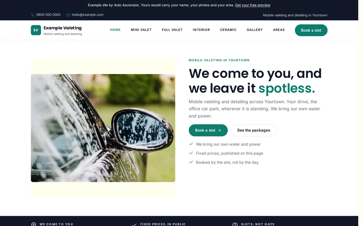 The home page of an example mobile valeting and detailing website built by Auto Ascension.