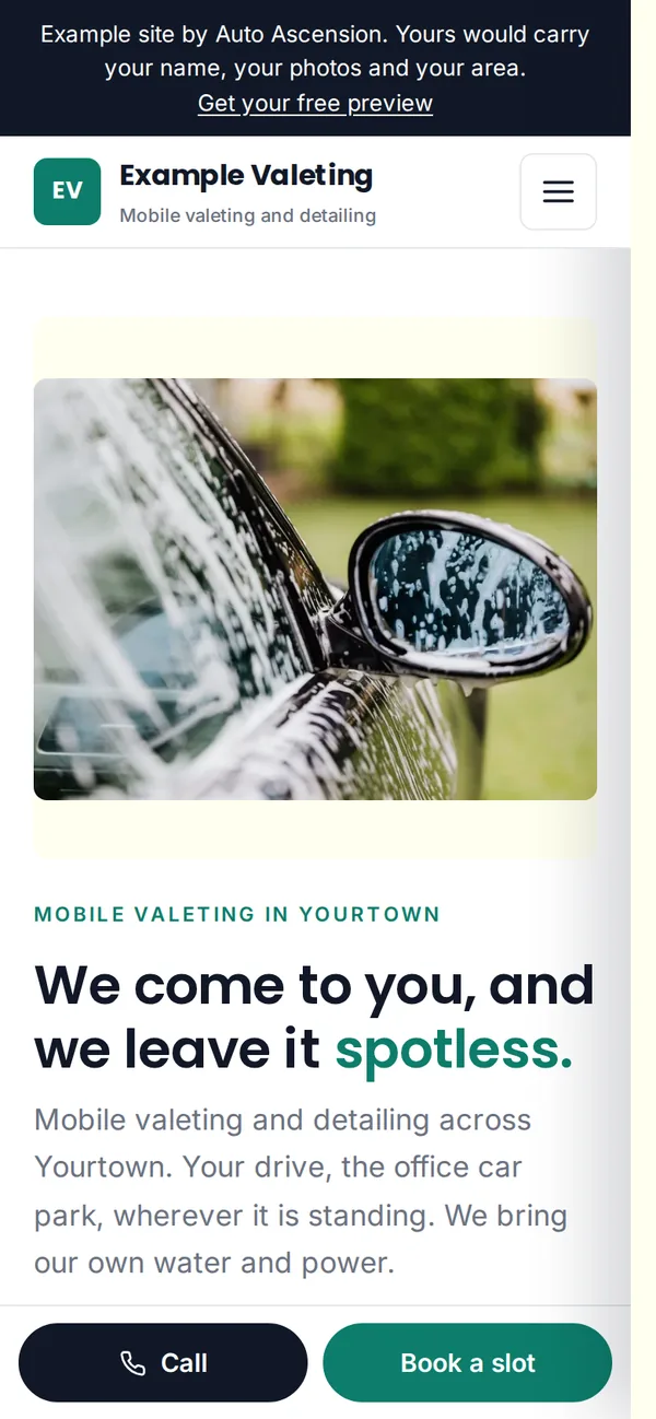 The example mobile valeting and detailing website on a phone.